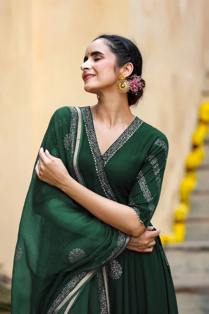 GoSriKi Green GoSriKi Women's Rayon Blend Anarkali Printed Kurta with Pant & Dupatta (BERLIN GREEN-GS_L_Green_Large) for Women | Best Price UAE