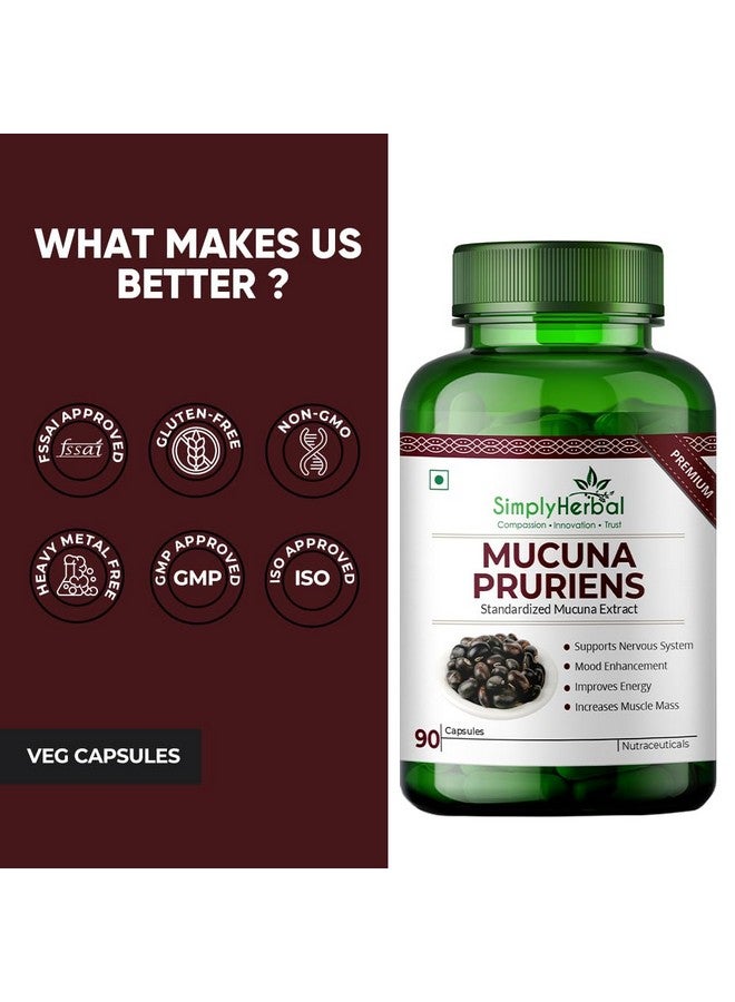 Simply Herbal مكملات مستخلص موكونا بروريينس كابيكاتشو العشبية ببساطة 500 ملغ، مركب معزز للدوبامين من بذور الكاونش السوداء الطبيعية L-Dopa للدماغ والجهاز العصبي والمناعي - 90 كبسولة - Image 3