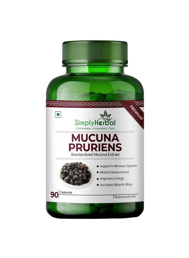 Simply Herbal مكملات مستخلص موكونا بروريينس كابيكاتشو العشبية ببساطة 500 ملغ، مركب معزز للدوبامين من بذور الكاونش السوداء الطبيعية L-Dopa للدماغ والجهاز العصبي والمناعي - 90 كبسولة - Image 1