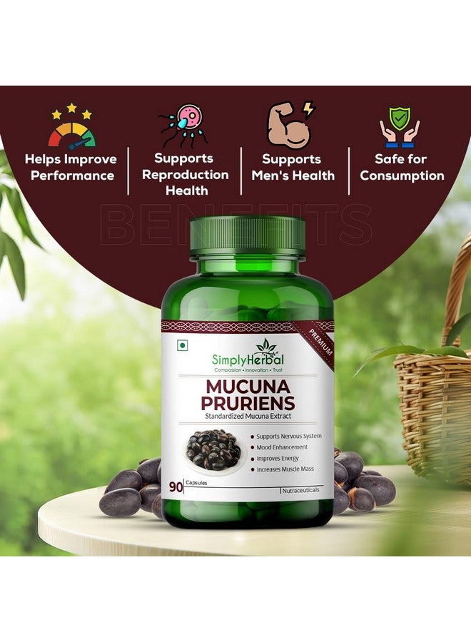 Simply Herbal مكملات مستخلص موكونا بروريينس كابيكاتشو العشبية ببساطة 500 ملغ، مركب معزز للدوبامين من بذور الكاونش السوداء الطبيعية L-Dopa للدماغ والجهاز العصبي والمناعي - 90 كبسولة - Image 2