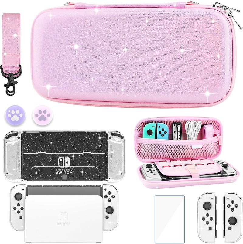 GLDRAM Pink Travel Case for Nintendo Switch OLED & Accessories, Portable Carrying Case with Clear Glitter Dockable Switch OLED Protective Skin Cover, Screen Protector, Shoulder Strap & 2 Thumb Caps - Image 1
