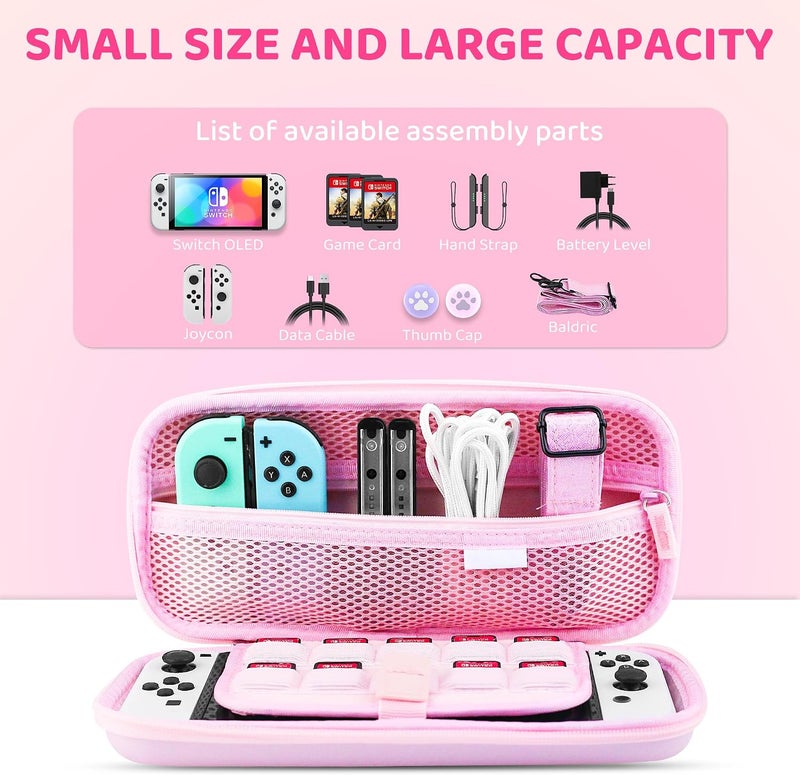 GLDRAM Pink Travel Case for Nintendo Switch OLED & Accessories, Portable Carrying Case with Clear Glitter Dockable Switch OLED Protective Skin Cover, Screen Protector, Shoulder Strap & 2 Thumb Caps - Image 2