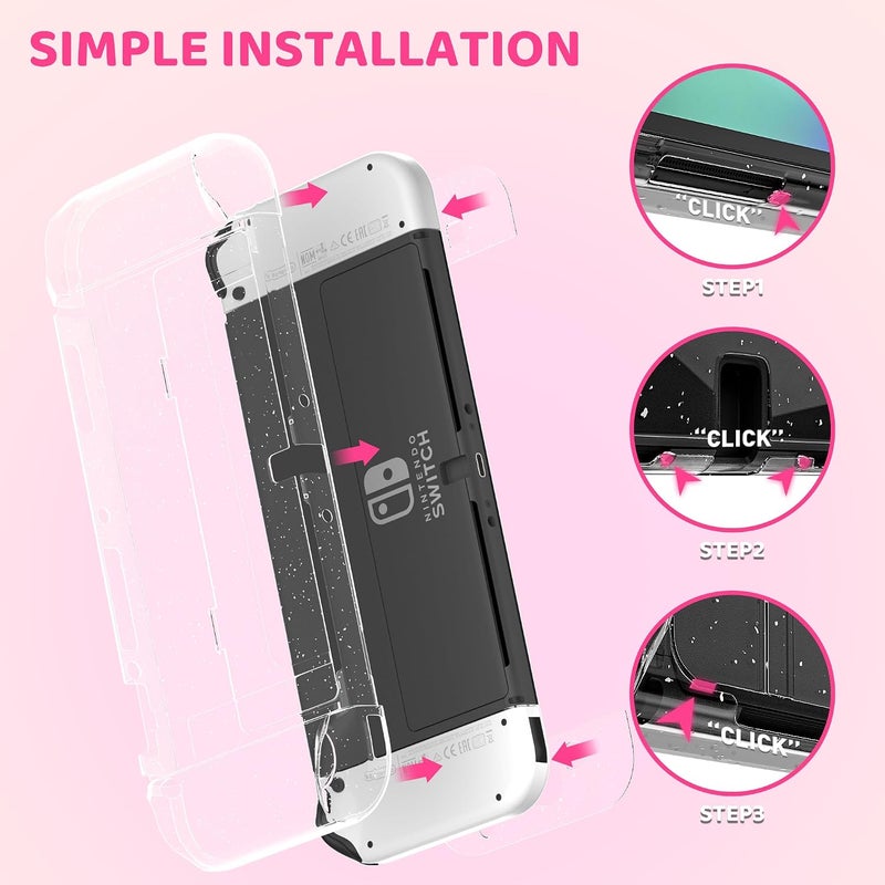 GLDRAM Pink Travel Case for Nintendo Switch OLED & Accessories, Portable Carrying Case with Clear Glitter Dockable Switch OLED Protective Skin Cover, Screen Protector, Shoulder Strap & 2 Thumb Caps - Image 5