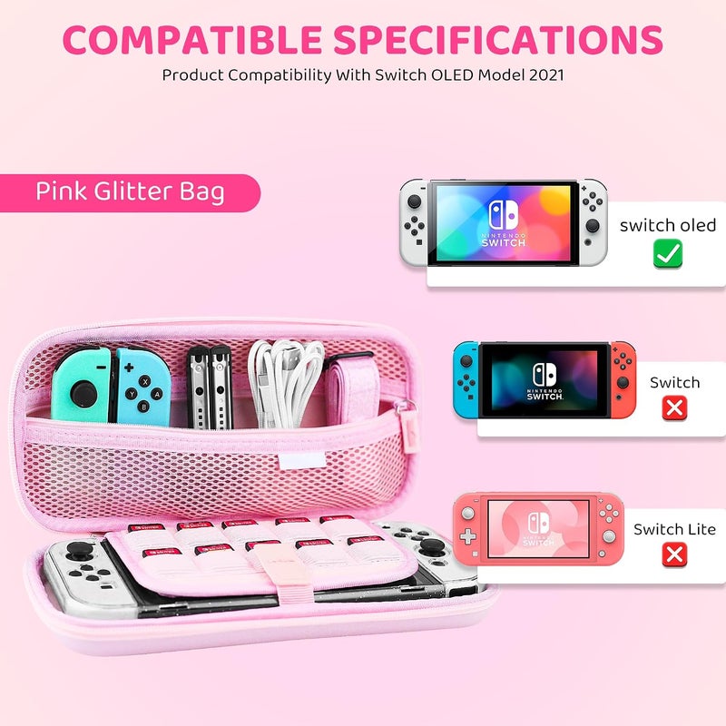 GLDRAM Pink Travel Case for Nintendo Switch OLED & Accessories, Portable Carrying Case with Clear Glitter Dockable Switch OLED Protective Skin Cover, Screen Protector, Shoulder Strap & 2 Thumb Caps - Image 4