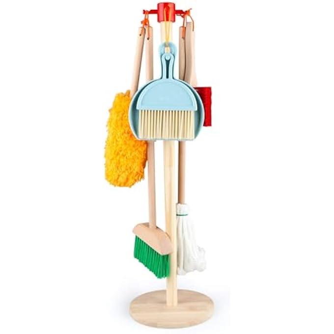 KIDS CLEANING SET TOYS 7 PIECE CLEANING TOYS FOR TODDLERS PRETEND PLAY CLEANING TOOLS FOR KIDS WOODEN DETACHABLE HOUSEKEEPING BROOM DUSTPAN DUSTER BRUSH MOP (‎WOOD) - Image 2