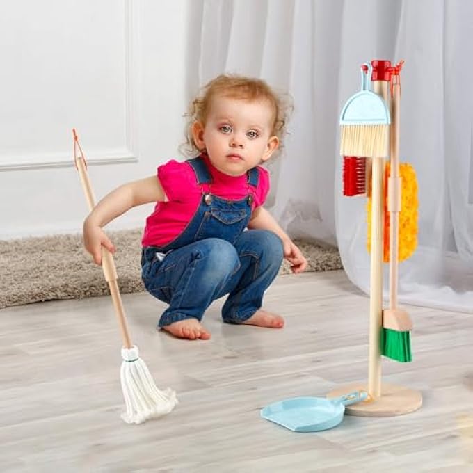 KIDS CLEANING SET TOYS 7 PIECE CLEANING TOYS FOR TODDLERS PRETEND PLAY CLEANING TOOLS FOR KIDS WOODEN DETACHABLE HOUSEKEEPING BROOM DUSTPAN DUSTER BRUSH MOP (‎WOOD) - Image 5