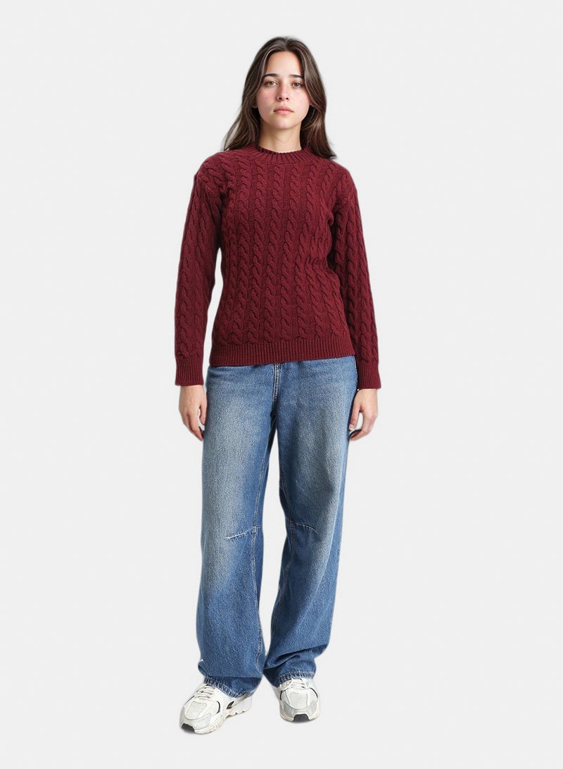 RAVIN Women Long Sleeves Braided Knit Pullover Burgundy - Image 4