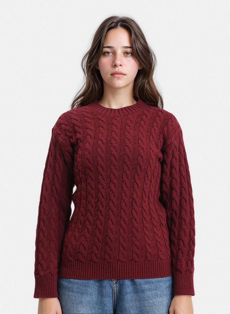 RAVIN Women Long Sleeves Braided Knit Pullover Burgundy - Image 1