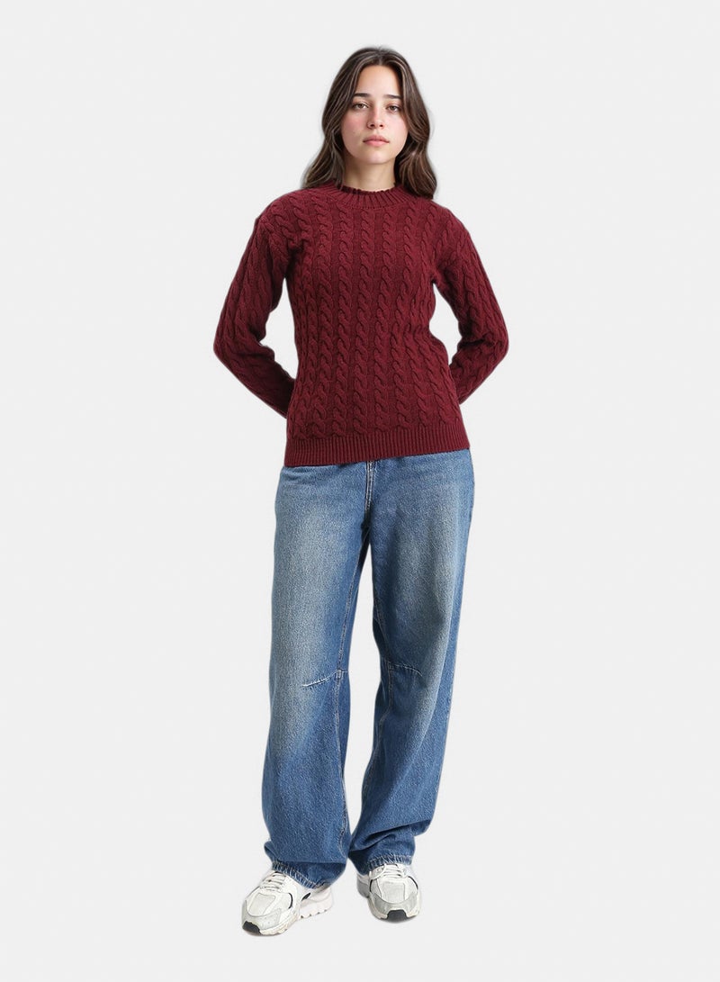 RAVIN Women Long Sleeves Braided Knit Pullover Burgundy - Image 5