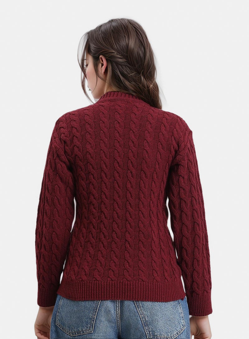 RAVIN Women Long Sleeves Braided Knit Pullover Burgundy - Image 2