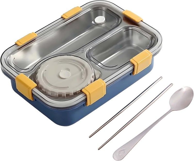 BrainGiggles Stainless Steel Bento Lunch Box with Soup Bowl | 3-Compartments Tiffin Box for Adults Kids| Leak Proof Lunchbox | Multifunctional Airtight Food Storage Containers (Blue) - Image 1