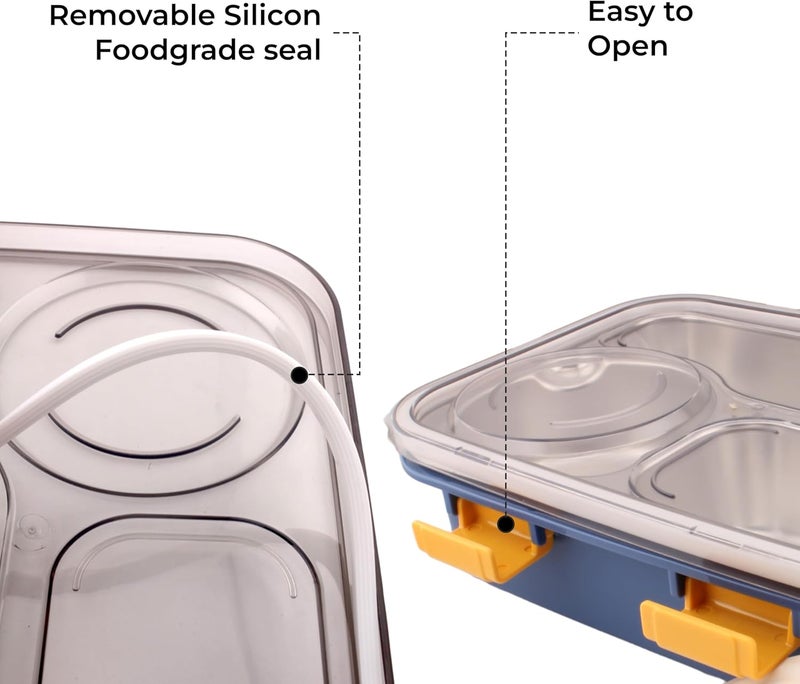 BrainGiggles Stainless Steel Bento Lunch Box with Soup Bowl | 3-Compartments Tiffin Box for Adults Kids| Leak Proof Lunchbox | Multifunctional Airtight Food Storage Containers (Blue) - Image 4