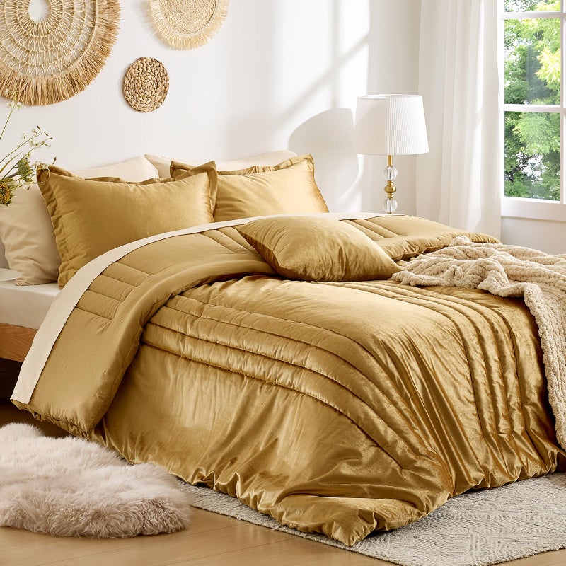 MUSSEL Velvet California King Size Comforter Set 3 Pieces,Luxury Gold All Season Cozy Velvet Bedding Comforter Sets,Modern Striped Lightweight Fluffy Bedroom Sets - Image 1
