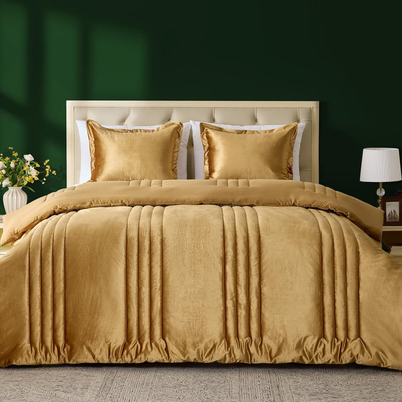 MUSSEL Velvet California King Size Comforter Set 3 Pieces,Luxury Gold All Season Cozy Velvet Bedding Comforter Sets,Modern Striped Lightweight Fluffy Bedroom Sets - Image 2