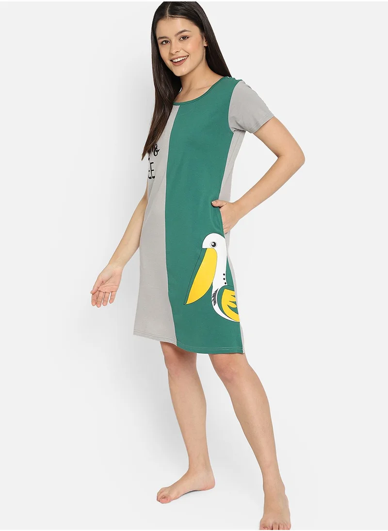 Clovia Flamingo & Text Print Colour Block Short Nightdress - 100% Cotton