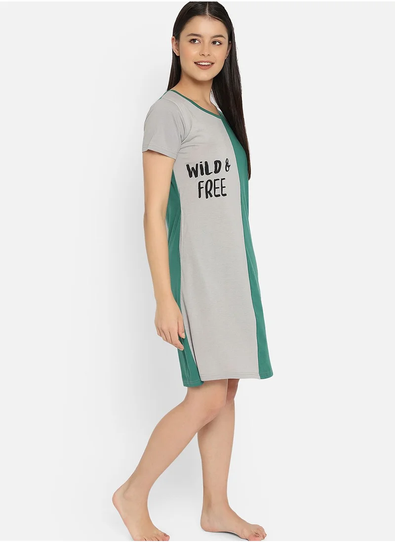 Clovia Flamingo & Text Print Colour Block Short Nightdress - 100% Cotton