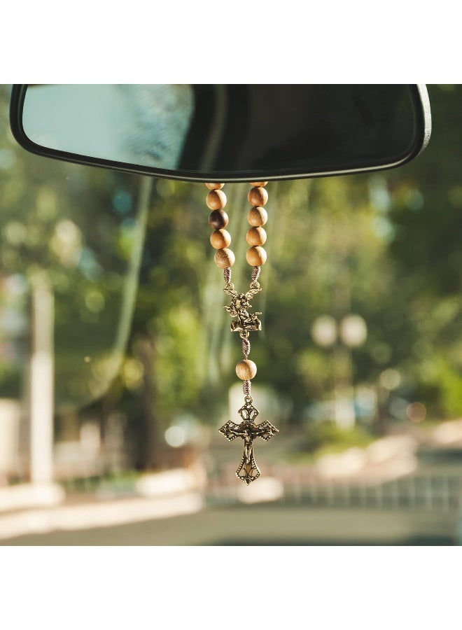 Intercession St Michael Car Rearview Mirror Rosary Wood - Image 5