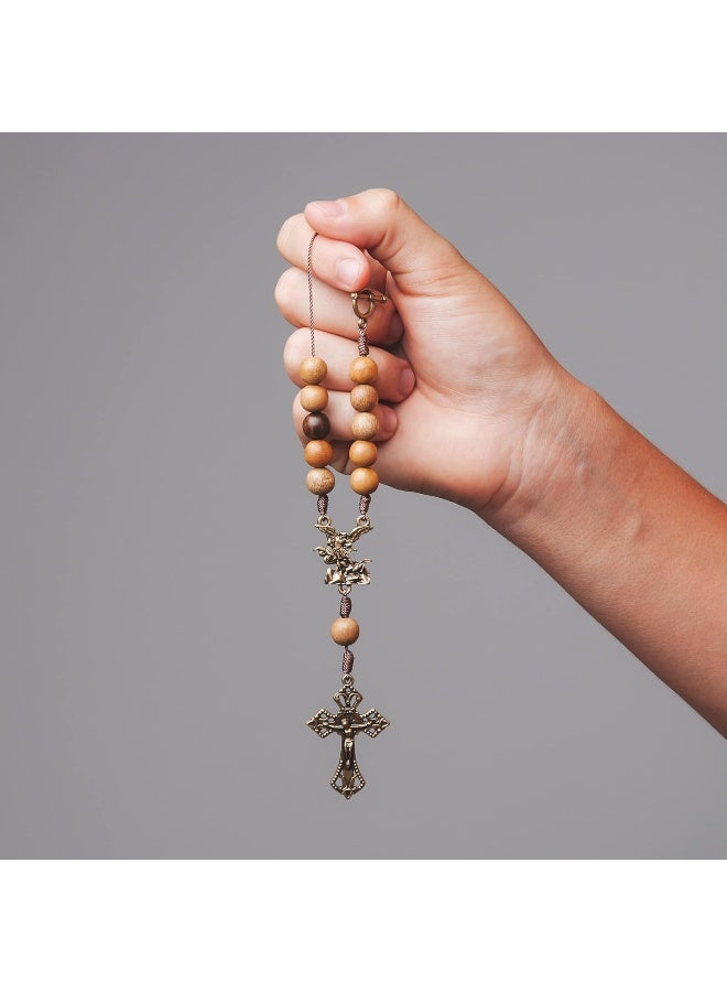 Intercession St Michael Car Rearview Mirror Rosary Wood - Image 4