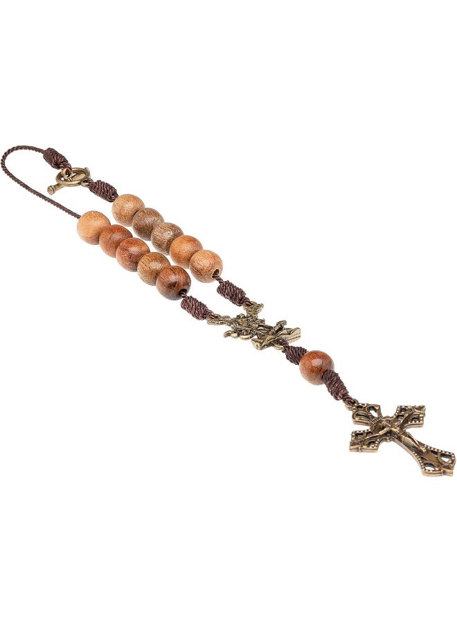 Intercession St Michael Car Rearview Mirror Rosary Wood - Image 2