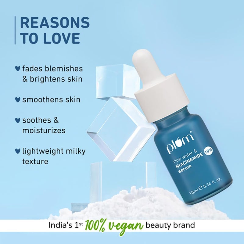 Plum 10 Niacinamide Face Serum 10ml Plum 2 Niacinamide Rice Water Hybrid Face Sunscreen with SPF 50 PA 15gm Plum thinkDERMA 2 Niacinamide Rice Water Clear Moisture Gel Cream 15gm Combo - Image 2