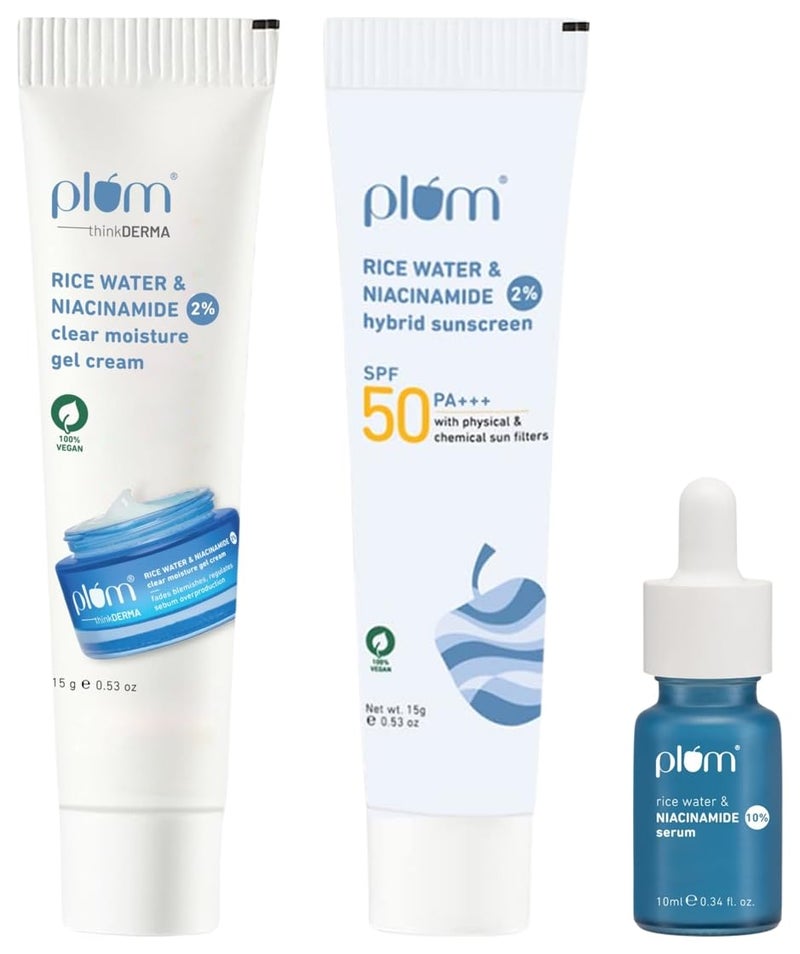 Plum 10 Niacinamide Face Serum 10ml Plum 2 Niacinamide Rice Water Hybrid Face Sunscreen with SPF 50 PA 15gm Plum thinkDERMA 2 Niacinamide Rice Water Clear Moisture Gel Cream 15gm Combo - Image 1
