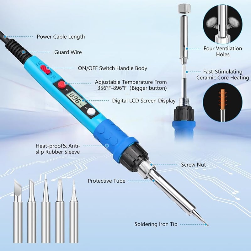 Q-MING Soldering Iron Kit, 80W 110V LCD Digital Solder Iron Pen with Ceramic Heater, Portable Welding Tools with 5pcs Tips, Stand, Solders Wire, Sponge, Paste, for Metal,Electric Repairs, DIY - Image 2