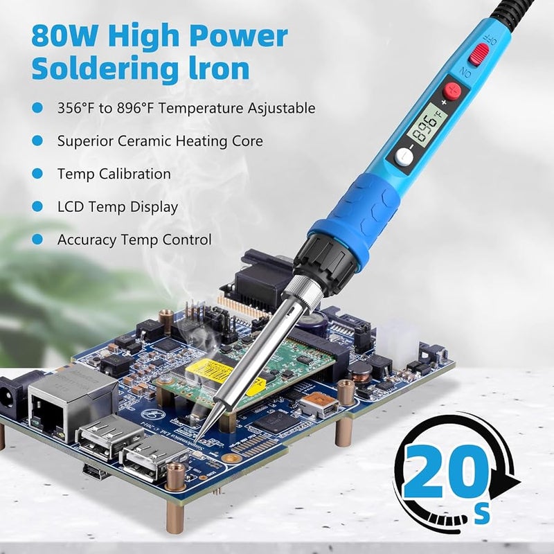 Q-MING Soldering Iron Kit, 80W 110V LCD Digital Solder Iron Pen with Ceramic Heater, Portable Welding Tools with 5pcs Tips, Stand, Solders Wire, Sponge, Paste, for Metal,Electric Repairs, DIY - Image 3