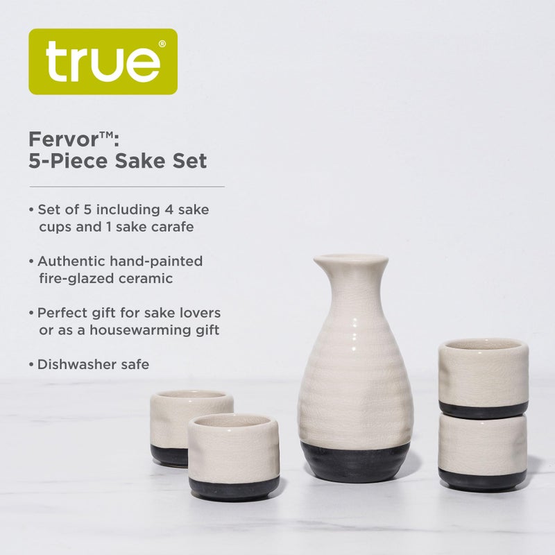 True True Fervor Ceramic Sake Includes Four 3.5 oz Small Cups & One 8 oz Carafe for Gin Japanese, Herbal Teas, Drinkware, Home Bar, 5 Piece Set, White  - Image 2