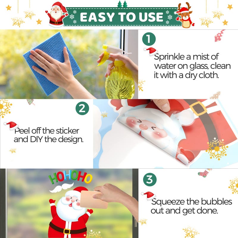 Christmas Window Clings 9 Sheets Christmas Window Stickers Santa Snowman Reindeer Xmas Snowflake Merry Christmas Window Clings  Double-Side Window Decals for Party Decorations Home School Glass  - Image 3