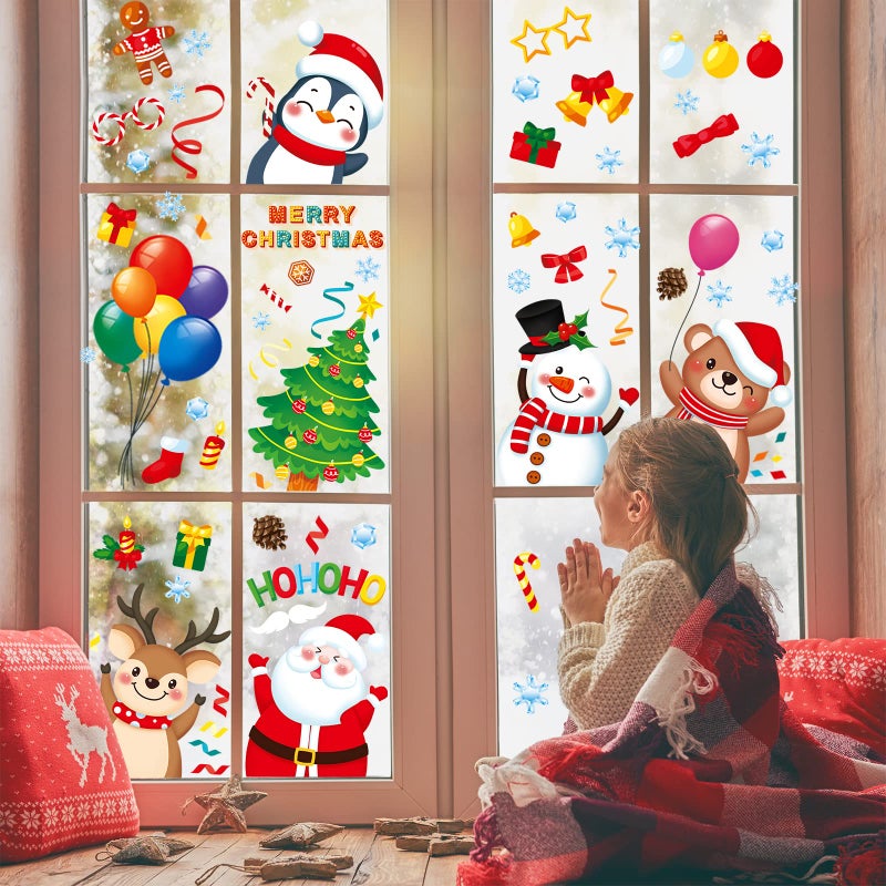 Christmas Window Clings 9 Sheets Christmas Window Stickers Santa Snowman Reindeer Xmas Snowflake Merry Christmas Window Clings  Double-Side Window Decals for Party Decorations Home School Glass  - Image 4