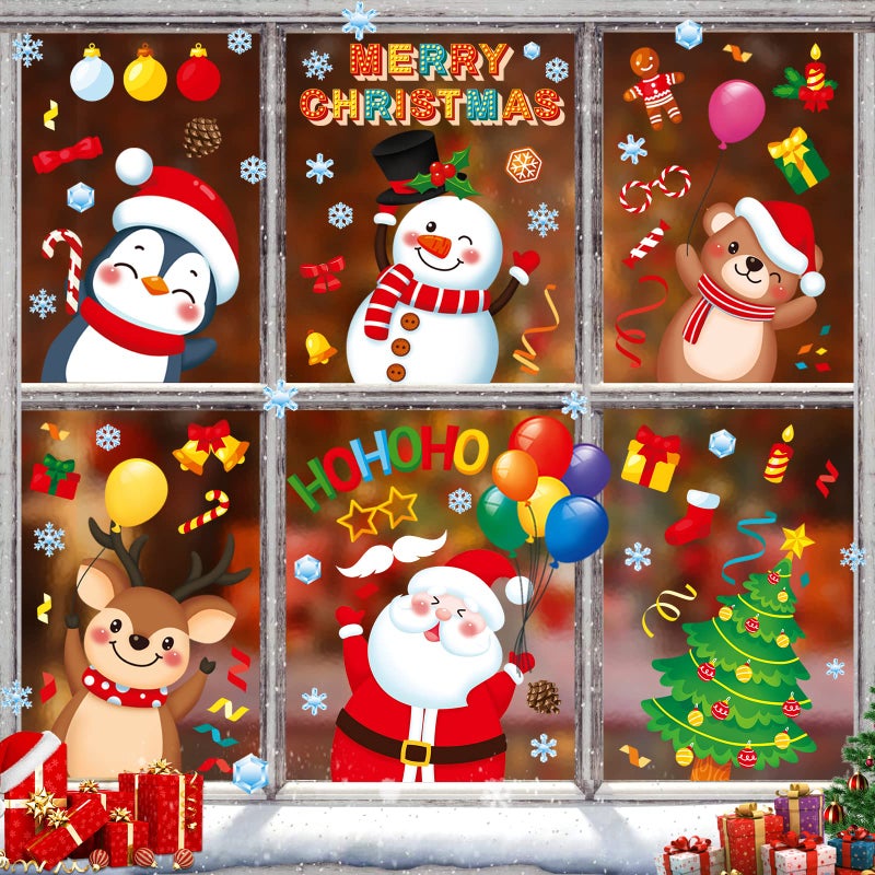 Christmas Window Clings 9 Sheets Christmas Window Stickers Santa Snowman Reindeer Xmas Snowflake Merry Christmas Window Clings  Double-Side Window Decals for Party Decorations Home School Glass  - Image 1