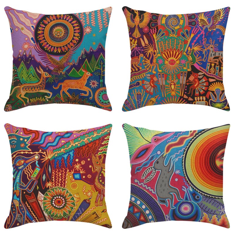 Sanwarm Throw Pillow Covers Home Decor Set of 4 Pillow Cases Decorative 18 x 18 Inches Outdoor Cushion Couch Sofa Pillowcases Colorful Boho Circle Doodle Ethnic Leaf