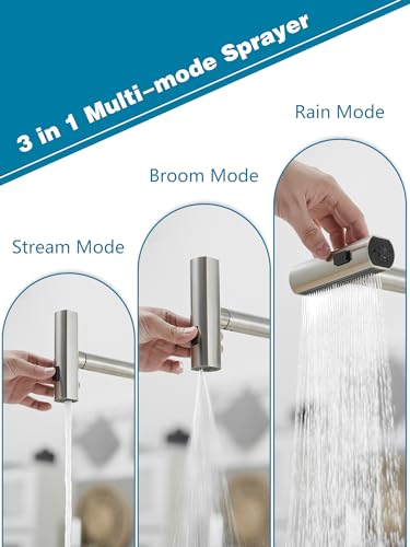 JOOM Kitchen Faucets with Pull Down Sprayer,Waterfall Kitchen Sink Faucet,Commercial Utility Stainless Steel Kitchen Faucets,Single Handle Kitchen Sink Faucet with Pull Down Sprayer for 3 Function,Brushed - Image 2