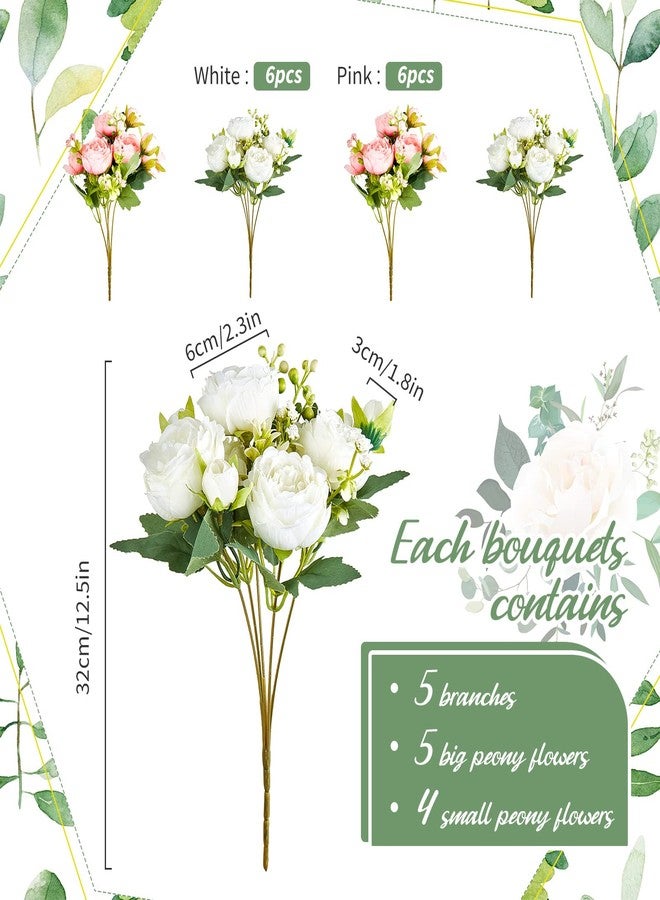 Jexine 12 Bundles Silk Artificial Peonies Flowers Faux Peony Bouquet Fake Peonies Artificial Flowers Bouquets for Vase Floral Arrangements Wedding Home Table Decoration (White, Pink) - Image 2