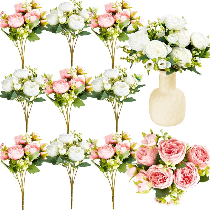 Jexine 12 Bundles Silk Artificial Peonies Flowers Faux Peony Bouquet Fake Peonies Artificial Flowers Bouquets for Vase Floral Arrangements Wedding Home Table Decoration (White, Pink) - Image 1