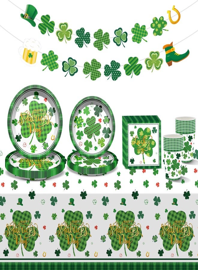 Baolaiballoon St. Patrick's Day Party Supplies Tableware Set Irish Shamrock Themed Tableware with Lucky Clover Paper Plates Napkins Cups Tablecloth Banner for St. Patrick's Day Party Decorations, Serves 24 - Image 1