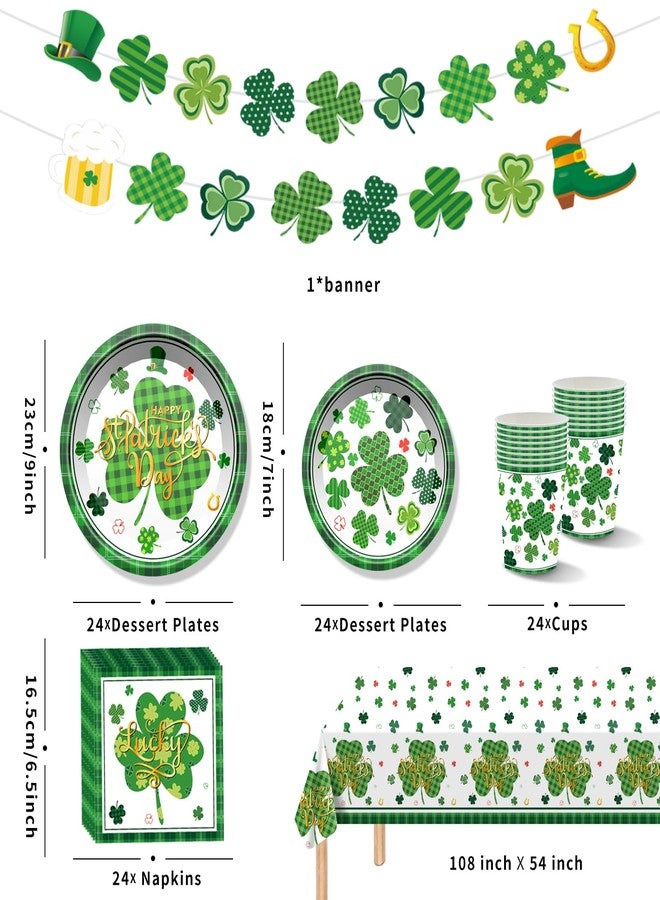 Baolaiballoon St. Patrick's Day Party Supplies Tableware Set Irish Shamrock Themed Tableware with Lucky Clover Paper Plates Napkins Cups Tablecloth Banner for St. Patrick's Day Party Decorations, Serves 24 - Image 3