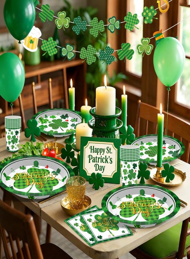 Baolaiballoon St. Patrick's Day Party Supplies Tableware Set Irish Shamrock Themed Tableware with Lucky Clover Paper Plates Napkins Cups Tablecloth Banner for St. Patrick's Day Party Decorations, Serves 24 - Image 2