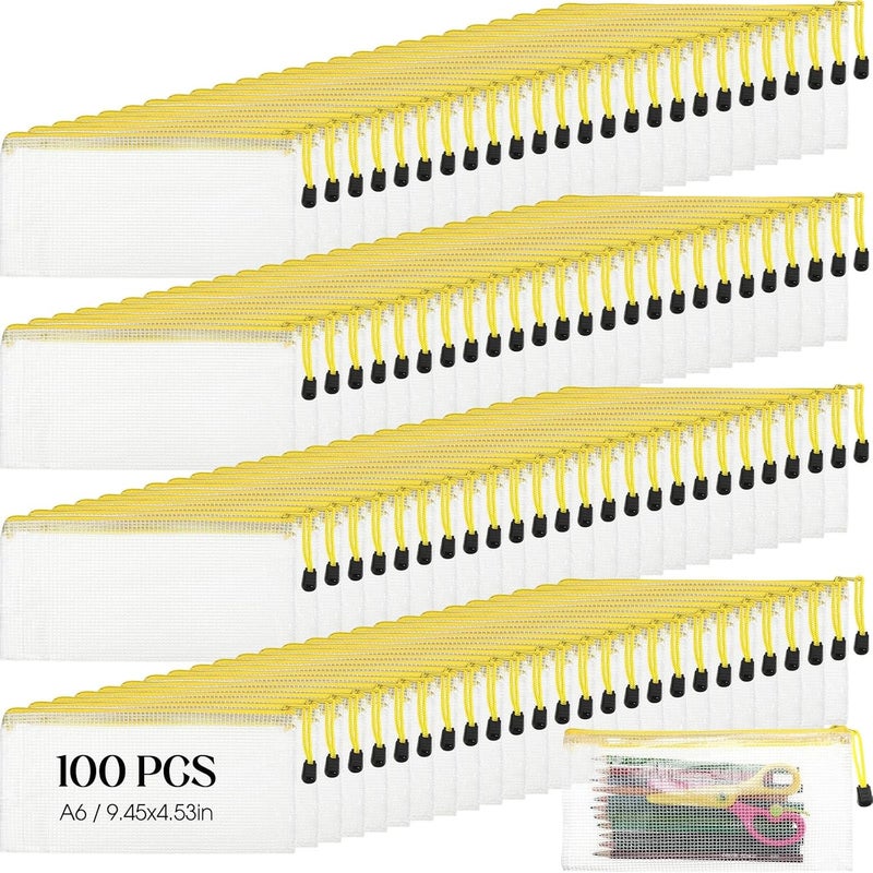 Handepo 100 Pack Mesh Zipper Pouch Pencil Pouches Bulk Clear File Bag Waterproof Document Pouches Multipurpose for Storage Office Travel Puzzle Game (A6/9.45x4.53in,White Pouch Yellow Zipper) - Image 1
