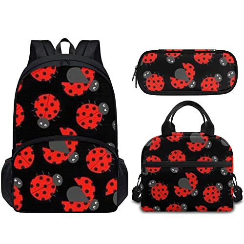 Forchrinse 3Piece Ladybug Backpack for Girls Kids Elementary Middle School Backpack Bookbag with Lunch Box Pencil Bag - Image 1