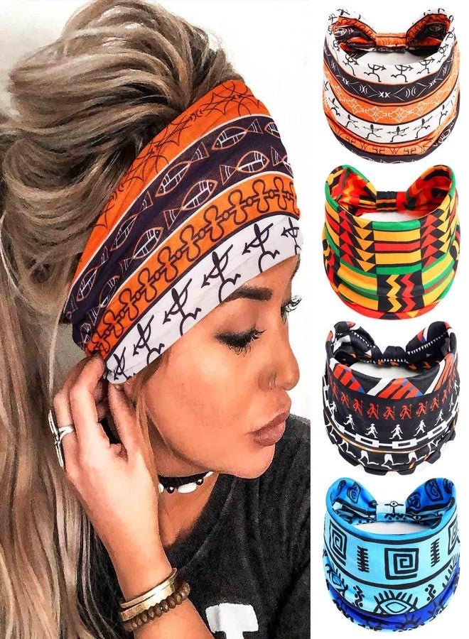 Olbye African Print Headbands Wide Stretch Headwrap Turban Knotted Non Slip Hairbands Yoga Running Athletic Head Bands Workout Boho Head Scarfs Hair Accessories for Women 4Pcs (African A, 9.4*5.9'') - Image 1