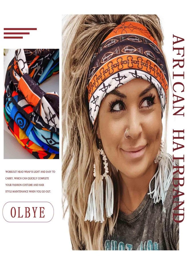 Olbye African Print Headbands Wide Stretch Headwrap Turban Knotted Non Slip Hairbands Yoga Running Athletic Head Bands Workout Boho Head Scarfs Hair Accessories for Women 4Pcs (African A, 9.4*5.9'') - Image 4