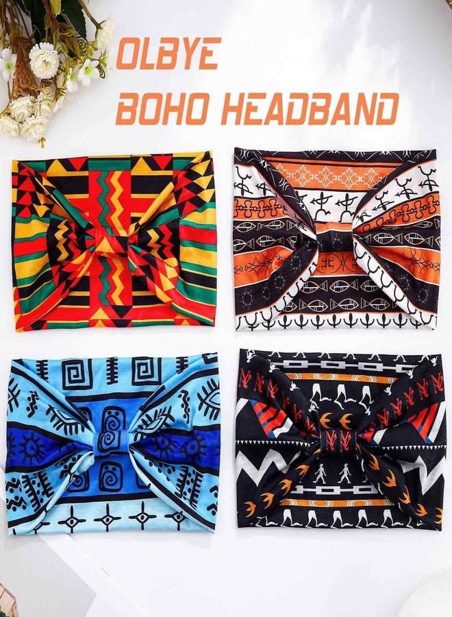 Olbye African Print Headbands Wide Stretch Headwrap Turban Knotted Non Slip Hairbands Yoga Running Athletic Head Bands Workout Boho Head Scarfs Hair Accessories for Women 4Pcs (African A, 9.4*5.9'') - Image 2