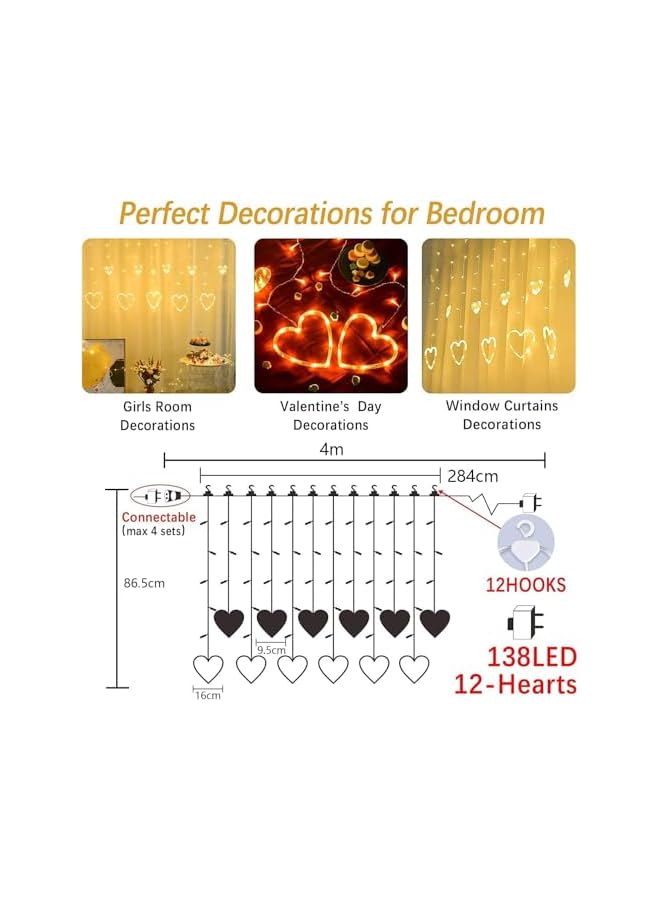The Bros Curtain Light, 138 LED Love Heart Remote Control Curtain Light, Warm White Curtain Light, 8 Flashing Modes, Suitable for Valentine's Day, Christmas, Wedding, Bedroom Party, Birthday, Bar Decoration  - Image 3