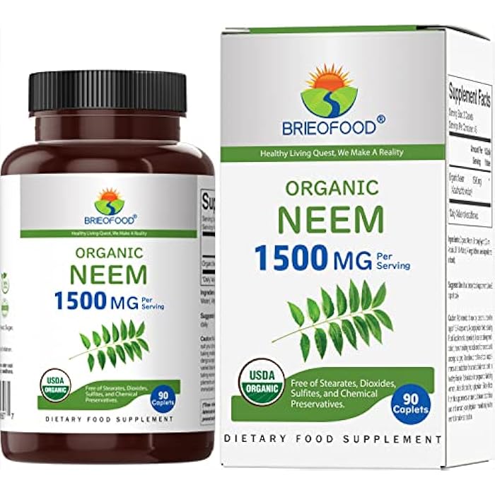 Brieofood Organic Neem 1500mg, 45 Servings, Vegetarian, Gluten Free, 90 Vegetarian Tablets - Image 1