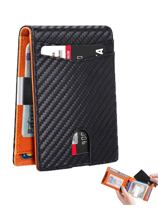 Blocking Elegant Anti-Theft Leather Wallet for Business Men, Front Pocket Bifold Wallet with 6 Card Slots and Id Window (A Orange) - Image 1