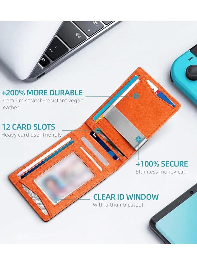 Blocking Elegant Anti-Theft Leather Wallet for Business Men, Front Pocket Bifold Wallet with 6 Card Slots and Id Window (A Orange) - Image 4