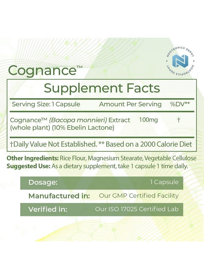 Nootropics Depot - Cognance Enhanced Bacopa Capsules ; 100Mg ; 10% Ebelin Lactone ; Bacopa Monnieri ; Mood Memory & 5Ht2A Activation - Image 1