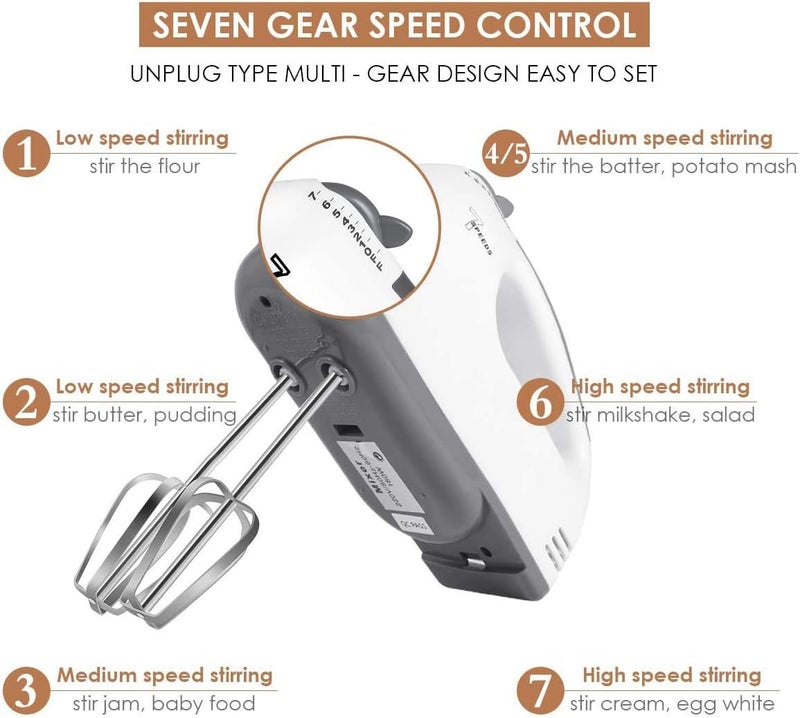 ACHAS Electric Hand Mixer Beaters, Lightweight Handheld,7-Speed,Food Beater with Two Beaters,Two Dough Hooks/Egg Beater,Cake Mixer,Milk frother,Egg Whisk,Bread Maker - Image 2