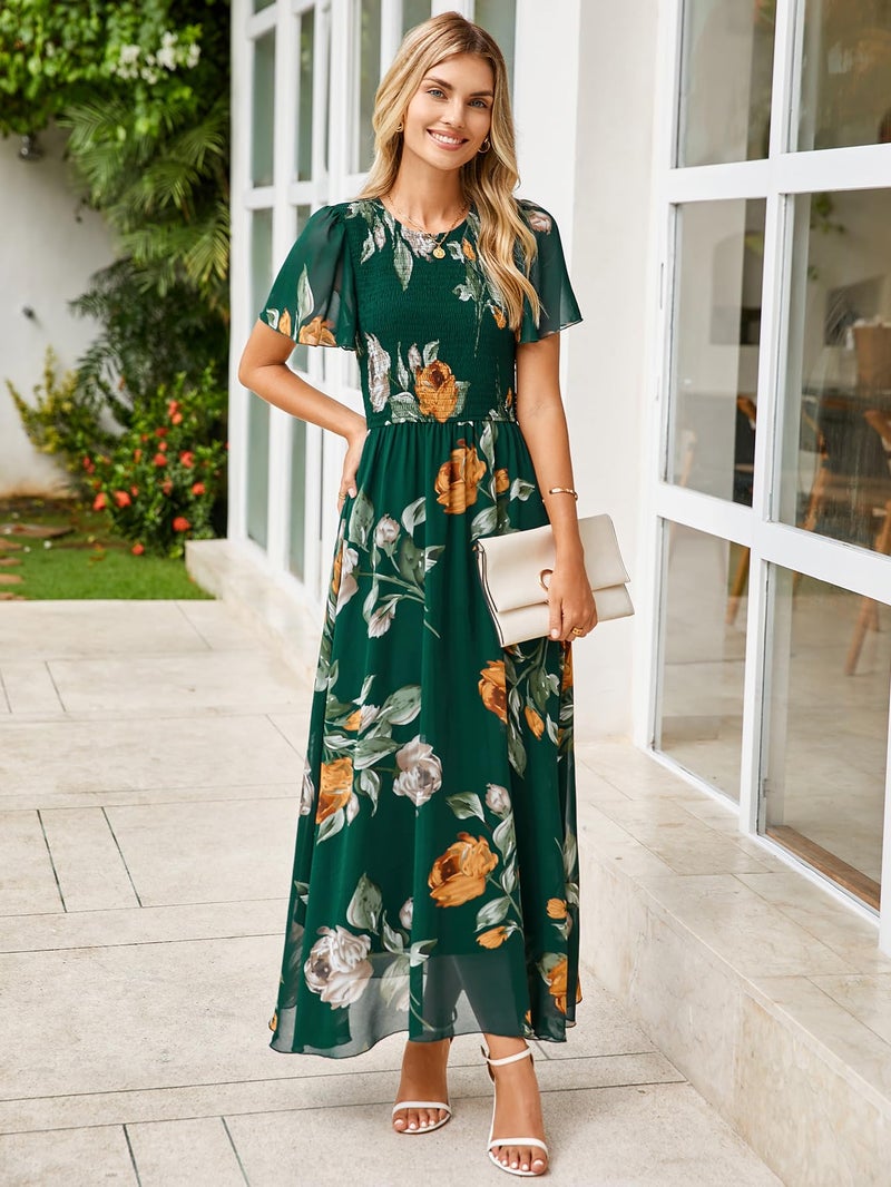 Simplee Apparel Simplee Womens Spring Floral Maxi Wedding Guest Dress Bohemian Short Sleeve Loose Sundress Lightweight Flowy Prom Vacation Dress(Dark Green M) - Image 3